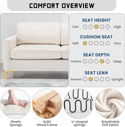 Vista 3 de Sofá de 65 pulgadas blanco para espacios pequeños, moderno y cómodo tapizado de 2 plazas de terciopelo copetudo para sala de estar, dormitorio