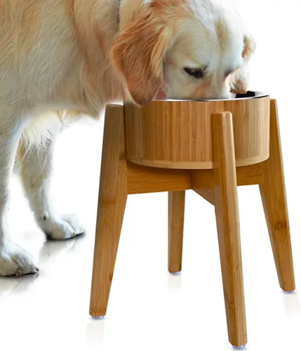Vista 14 de Cuenco para perros para gatos y perros pequeños, totalmente natural, cuenco de cáscara de coco pulido con soporte de madera, altura total