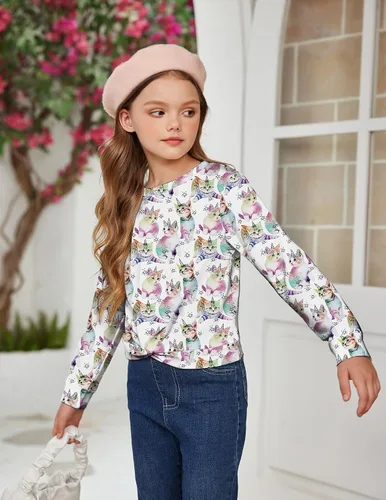 Vista 3 de Arshiner Sudadera ligera casual con nudo frontal para niñas, con estampado de teñido anudado, manga larga