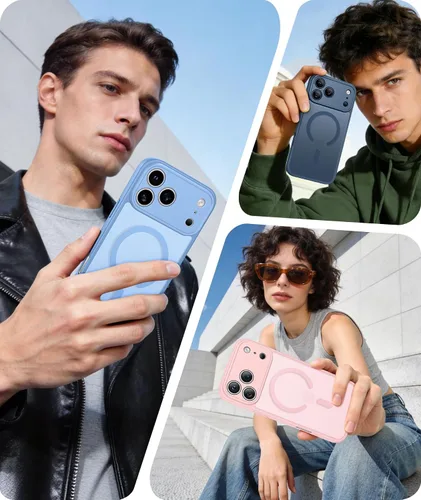 Vista 723 de FNTCASE Funda para iPhone 17 Pro: Fundas delgadas translúcidas de color azul claro compatibles con MagSafe, protección completa de la cámara
