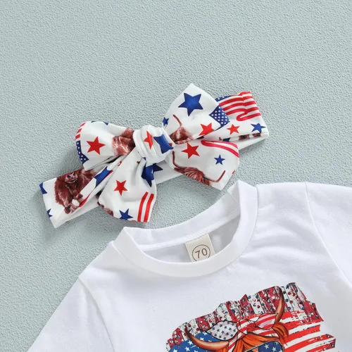 Vista 4 de 4 de Julio Bebé Niña Ropa de Verano Traje de Arco Iris Camiseta de Bebé Americano Conjunto de Pantalones Cortos