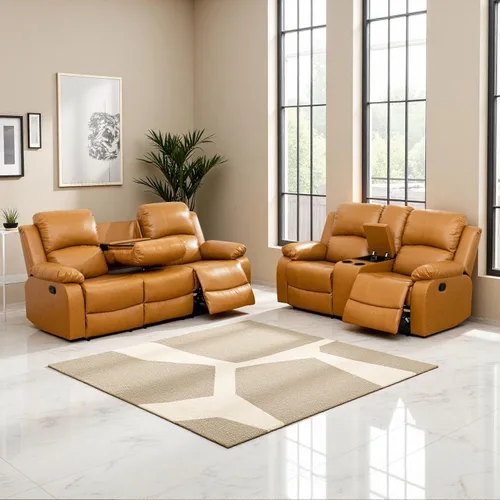 Vista 9 de Sofá reclinable manual, sofá reclinable de lujo de 3 plazas, sofá reclinable con portavasos y mesa de café, sofá de cuero sintético para sala