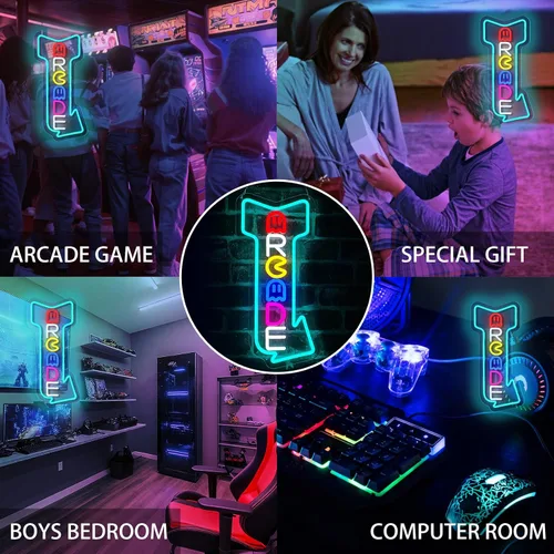 Vista 7 de Arcade - Letreros de neón con flecha de estilo retro con control remoto multifuncional para sala de juegos, luces de juego para decoración de pared