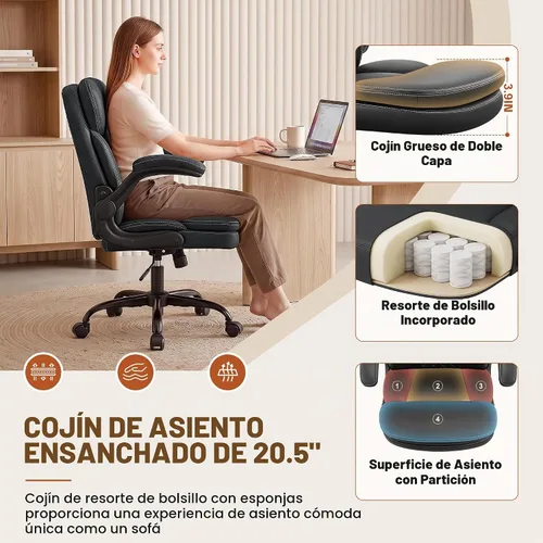 Vista 4 de Silla de oficina de cuero, silla de escritorio para computadora Negro