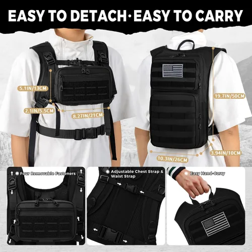 Vista 2 de Koculemi Mochila táctica de hidratación con bolsa de agua de 2L y bolsa táctica pequeña delantera, mochila de agua para exteriores para hombres