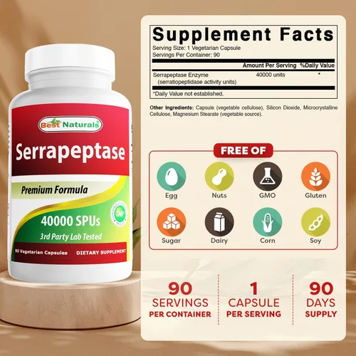 Vista 2 de Best Naturals Serrapeptase 40000 SPUs 90 Vcaps (90 unidades (paquete de 1))