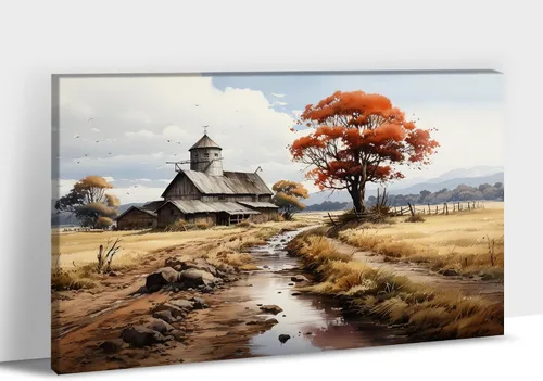 Vista 38 de Arte de pared con estampado de granero blanco de granja, granero y vaca, arte de pared con imágenes de granero blanco, cuadros rústicos de campo