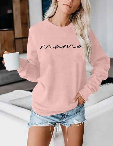 Vista 3 de ASTANFY Sudadera con cuello redondo para mujer, con estampado de letras "Mama", manga larga, suelta, de moda, con capucha