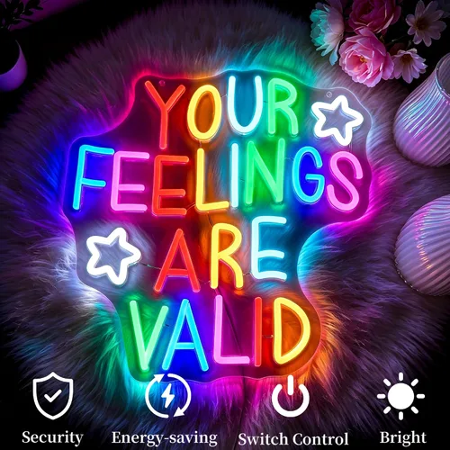 Vista 5 de Letrero de neón para decoración de pared, regulable con texto en inglés "Your Feelings Are Valid", luces de neón LED, letreros iluminados