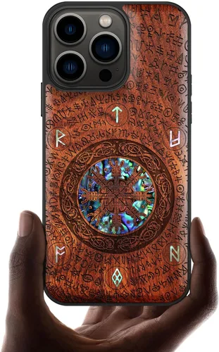 Vista 16 de Carveit Funda protectora de madera de diseñador para iPhone 13 Pro, cubierta magnética, grabado en madera e incrustaciones de concha, funda