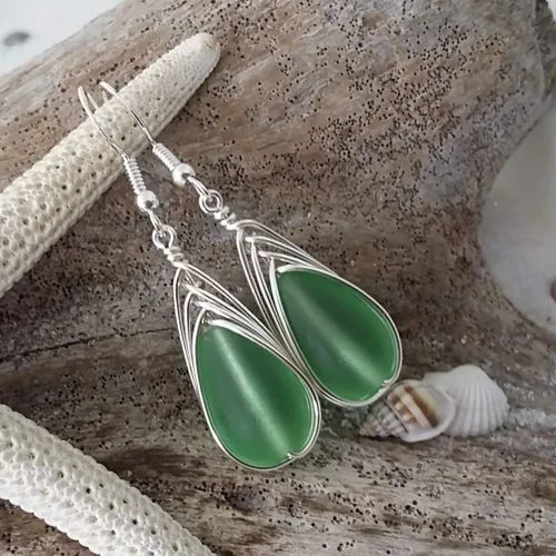 Vista 33 de Yinahawaii Handmade Sea Glass Earrings, Hawaiian Jewelry, Wire Braided Earrings Teardrop Earrings, Beach Jewelry Sea Glass Jewelry For Women Cobalt