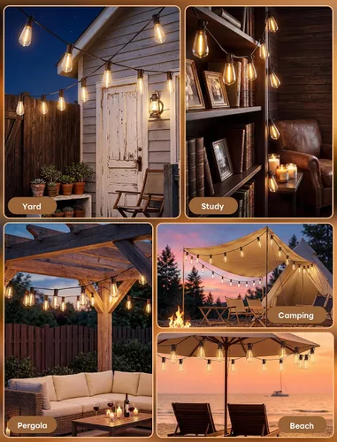 Vista 5 de 25FT LED Outdoor String Lights, ST38 Patio Lights Waterproof with 25 Shatterproof Edison Bulbs, Connectable Outside Hanging Light for Porch, Garden