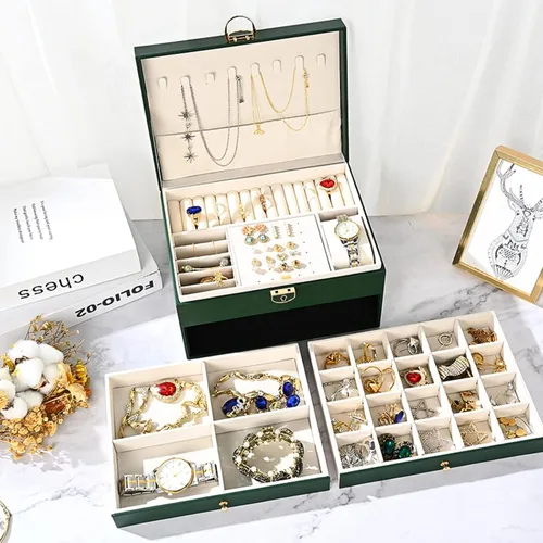 Vista 3 de Organizador de joyas con cuero sintético, joyero para mujer, caja de joyería grande con cerradura y llave, almacenamiento de aretes de collar, cajas