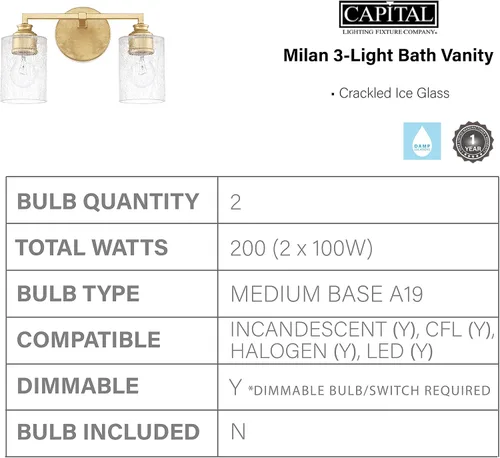 Vista 3 de Capital Lighting 120521CG-422 Milan - Soporte de pared para tocador de baño de vidrio helado, 2 luces, 200 vatios en total, 9 pulgadas de alto x 13