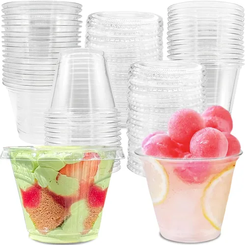 Vista 9 de Qyyiguf Paquete de 100 Vasos de Plástico Desechables de 8 OZ con Tapas Planas, Vasos Transparentes para Postre Recipientes de Plástico, Mini