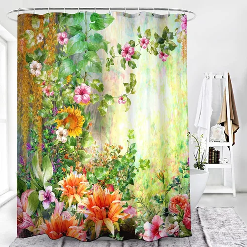 Vista 3 de Cortina de ducha floral acuarela abstracta hojas verdes prado tela de poliéster juego de cortina de ducha de baño decoración con ganchos, 72 x 72
