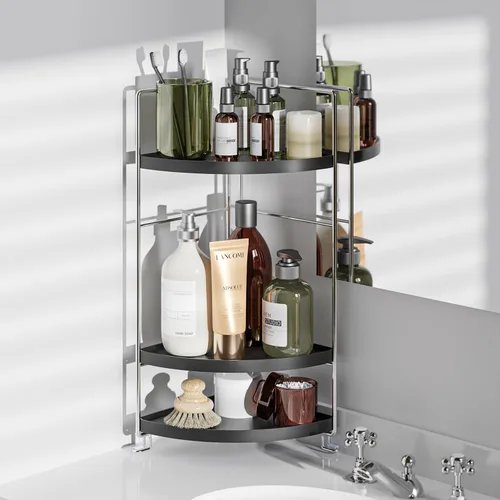Vista 2 de Organizador de esquina de baño de 3 niveles, estante de almacenamiento de maquillaje para el cuidado de la piel, organizador de encimera de Negro