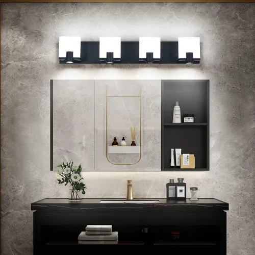 Vista 7 de SOLFART Luces LED regulables para tocador de baño, lámparas modernas con focos, 4 luces, acabado negro mate, base de metal, acrílico blanco