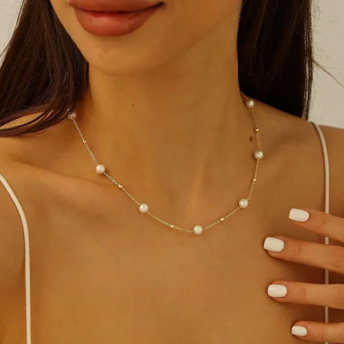 Vista 2 de Collar de perlas, collar de flores de perlas Lariat Collar de perlas de estación Neckalce Solitario Collar colgante de perlas de concha simulada
