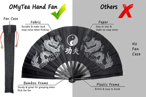 Vista 7 de OMyTea Ventilador de mano plegable grande de bambú para hombres y mujeres, ventilador de mano chino japonés de Kung Fu Tai Chi con funda de tela