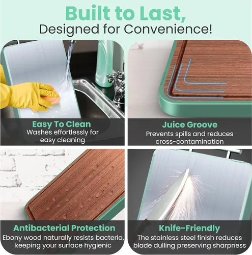Vista 5 de Tabla de cortar de doble cara – Acero inoxidable de gran tamaño y madera de ébano – Tabla de cortar antideslizante 2 en 1 duradera con ranura