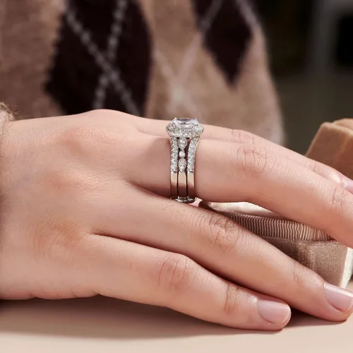 Vista 7 de Newshe Jewellery Juego de anillos de compromiso ovalados para mujer AAAAA con circonita cúbica 925 de plata de ley 925, juego de anillos de novia