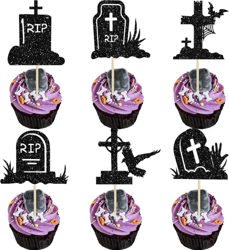 Vista 23 de Gyufise 1 pieza de decoración de pastel de cumpleaños con purpurina montada de terror clásico de Halloween para temática de terror sangriento