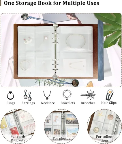 Vista 3 de Libro de almacenamiento de joyas, organizador de joyas de viaje de piel sintética con bolsillos anticaídas, folleto portátil para aretes con bolsas