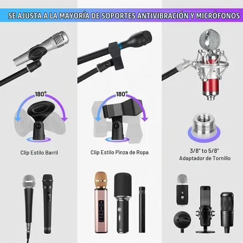 Vista 3 de CAHAYA Soporte de micrófono ajustable: soporte de micrófono con brazo de brazo de brazo de escritorio con 2 clips de micrófono Base de metal