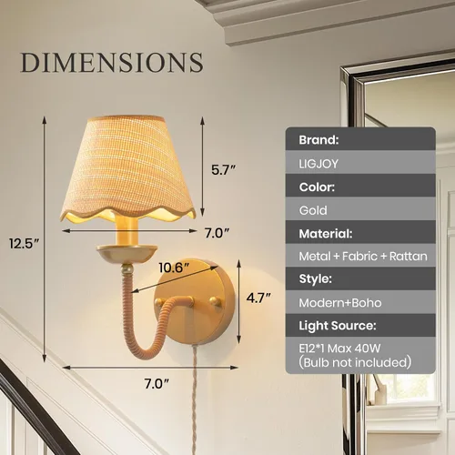 Vista 6 de Aplique de Pared de Ratán, Lámpara de Pared Boho Tejida a Mano en Oro, Iluminación de Aplique de Ratán Moderna y Rústica, Lámparas de Pared