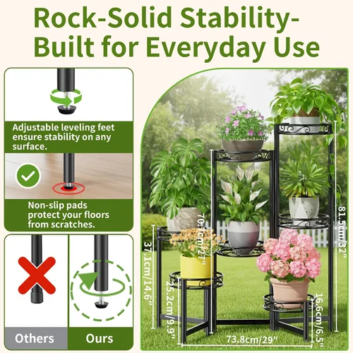 Vista 3 de Soporte de metal para plantas de 7 niveles, estante alto de hierro forjado para plantas para interiores, exteriores, soporte plegable alto