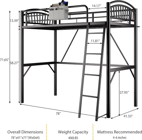 Vista 2 de Decofy - Cama elevada de metal tamaño individual, cama elevada con cajón lateral, escalera convertible y barandillas de seguridad de longitud