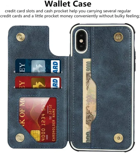 Vista 4 de iCoverCase Compatible con iPhone X/XS Wallet Funda para teléfono con tarjetero y correa para la muñeca de piel sintética con función atril a prueba