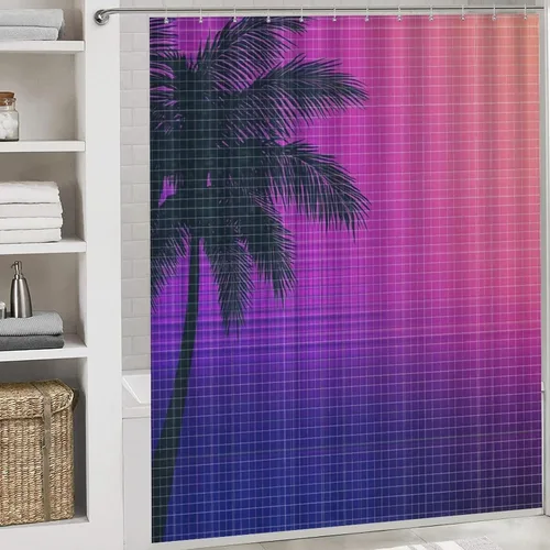 Vista 5 de 4 cortinas de ducha abstractas de los años 80 con diseño de hojas de palma, moderna ilustración de rejilla de neón Synthwave Anime juego de baño