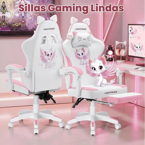 Vista 3 de HOFFREE Silla Rosa para Juegos con Orejas de Gato y Almohada Lumbar de Masaje en Forma de Nube, Silla Ergonómica Linda para Computadora para Niñas