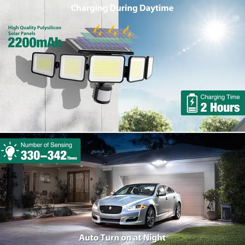 Vista 3 de Luces solares para exteriores, 4000LM con 5 cabezas, sensor de movimiento, 236 LEDs, 3 modos, luces de pared de seguridad IP65 impermeables, luces