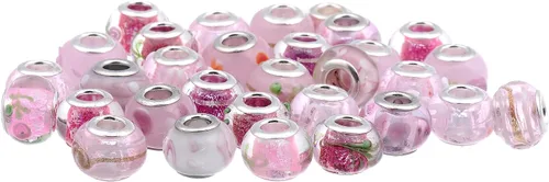 Vista 2 de RUBYCA Mezcla Rosa Murano Lampwork Cristal Bead Rondelle Pulsera Encanto Europeo Color Plata 30pcs