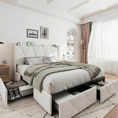Vista 13 de iPormis - Marco de cama de tamaño matrimonial con 4 cajones de almacenamiento, base de cama tapizada con estación de carga, cabecera de Beige