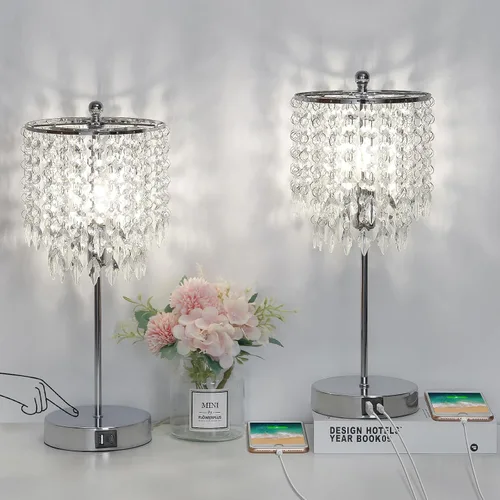 Vista 7 de Juego de 2 lámparas de mesa de cristal, lámpara de mesa de noche regulable de 3 vías con 2 puertos de carga USB, lámpara de noche dorada