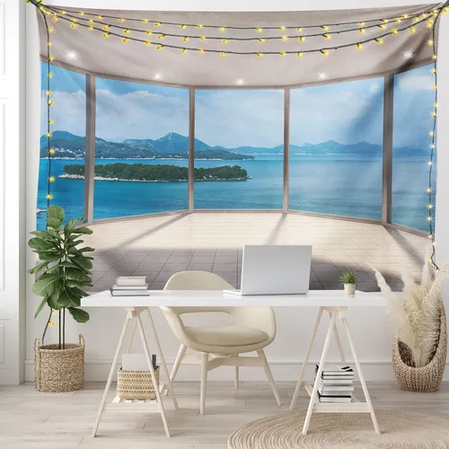 Vista 6 de Ambesonne Tapiz moderno, sala de estar vacía, ventana grande y vista al mar, arquitectura contemporánea, colgante de pared ancho para dormitorio
