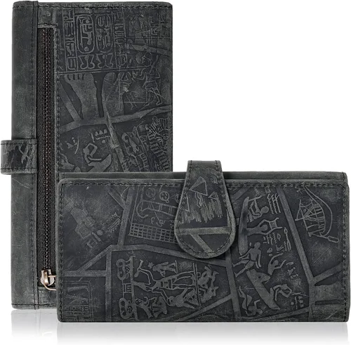 Vista 20 de Cartera de cuero genuino para mujer de cuero con bloqueo RFID - Tarjetero triple de diseñador para damas tipo clutch con ventana de identificación