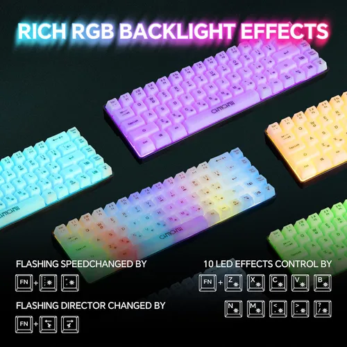 Vista 6 de CHONCHOW Mini teclado 60% para juegos, retroiluminación RGB arco iris, 68 teclas, pequeño teclado compacto, teclado transparente USB con cable