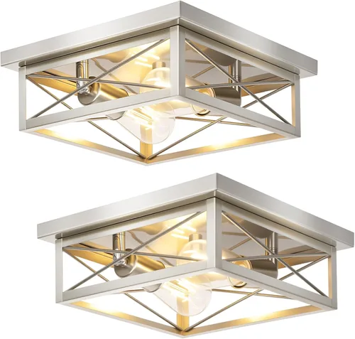 Vista 12 de Lámpara de techo de bronce cepillado para pasillo, lámpara de techo industrial de granja de montaje empotrado de 2 luces, lámpara de cocina de metal