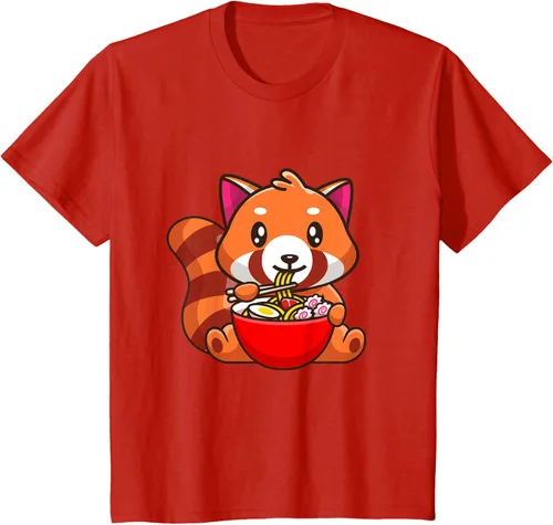 Vista 3 de Camiseta Kawaii Anime Red Panda Eating Ramen Noodles, Negro, S