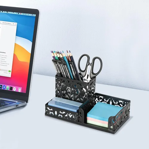 Vista 7 de Organizador para escritorio de oficina, de EasyPag, con 3 compartimentos, con diseño calado de flores, Negro