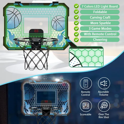 Vista 5 de VROGTIK Aro de baloncesto interior para niños con luces LED, mini aro de baloncesto con control remoto sobre la puerta, aros de baloncesto