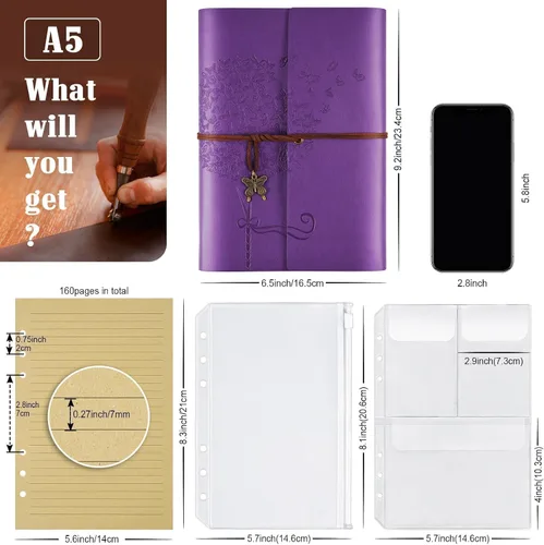 Vista 2 de 6 paquetes de cuaderno de cuero, diario de viaje al por mayor, diarios vintage recargables para escribir, regalos de diario para mujeres, hombres