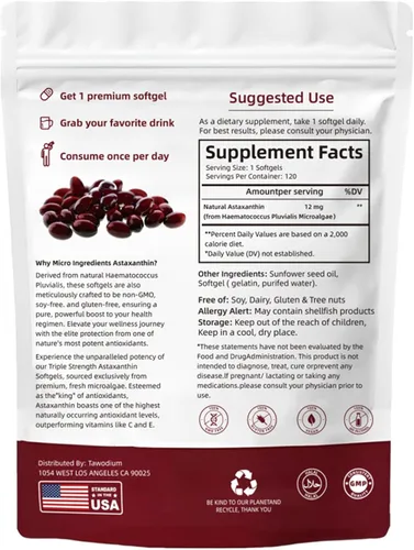 Vista 8 de Zions Astaxantina orgánica de 12 mg, vitaminas para la piel de triple fuerza para mujeres con actividad antioxidante, apoya la salud inmunológica