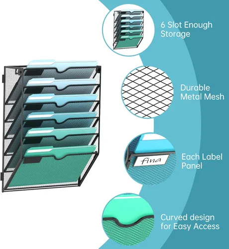Vista 3 de SUPEASY Organizador de archivos de pared de 6 niveles, archivos de pared colgantes para papeles, carpetas, revistas, organizador de pared