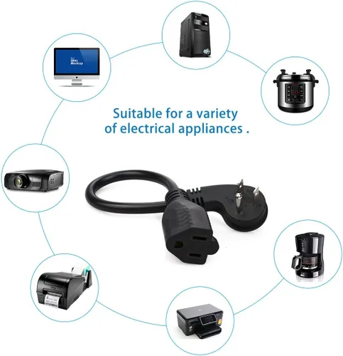Vista 5 de Cable de extensión corto de enchufe plano, ángulo recto de 3 puntas, 1625 vatios, 16 AWG, 13 amperios 125 voltios, certificación UL, paquete de 5